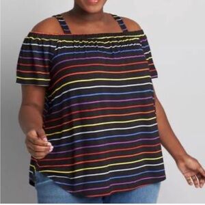 NWT Lane Bryant Multicolor Striped Short Sleeve Off the Shoulder top 10/12